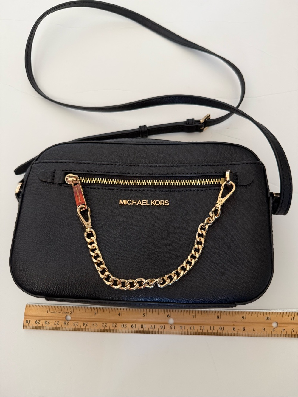Michael Kors Black Leather Crossbody with Gold Chain Accent